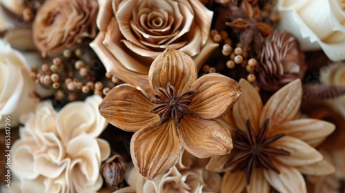 Close-up of elegant floral bouquet with white, beige, and brown roses.