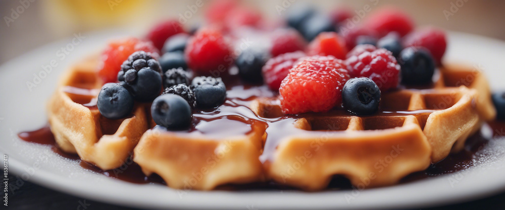 honey waffle made with delicious seasonal fruits, on the restaurant table honey waffle made with delicious seasonal fruits, on the restaurant table