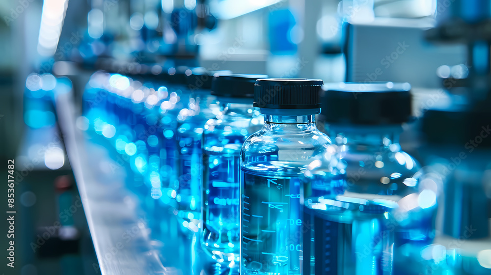 A row of medicine bottles filled with blue liquid in an advanced production workshop A row of medicine bottles filled with blue liquid in an advanced production workshop
