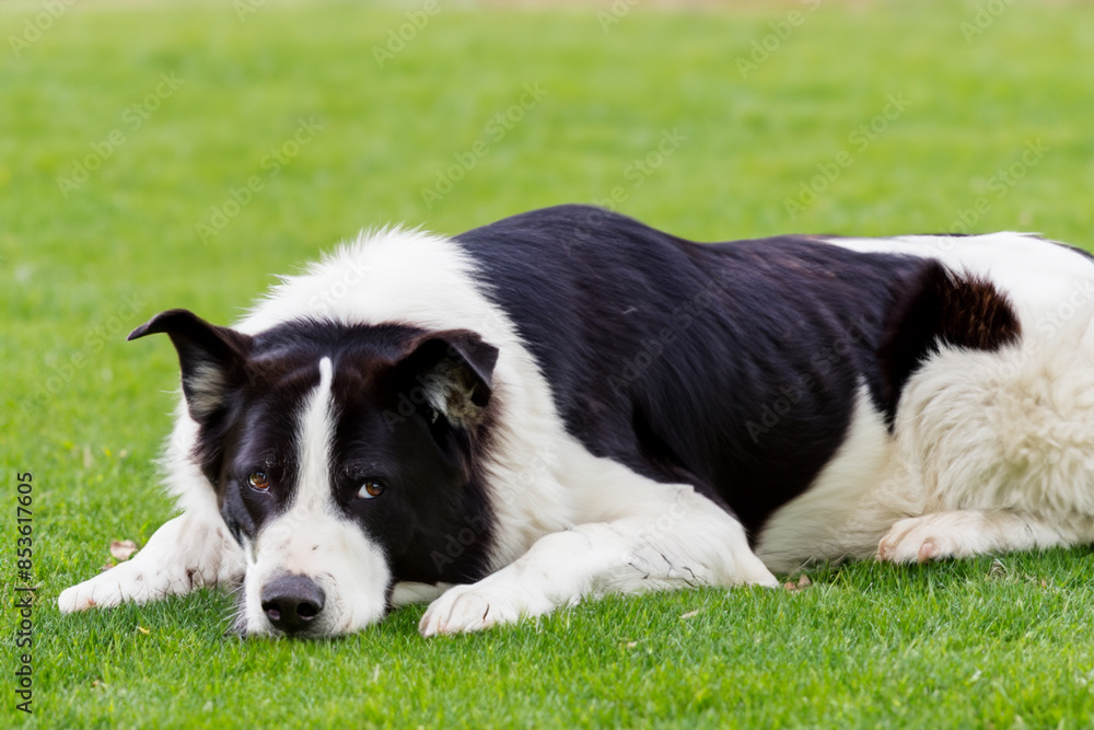 dog on the lawn. black and white fluffy dog lies on the green lawn, close up animal concept dog on the lawn. black and white fluffy dog lies on the green lawn, close up animal concept