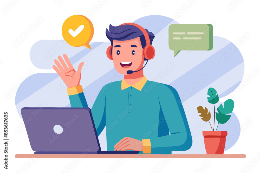 Smiling young man talking on a video call on a laptop sitting in the office in a headset and gesturing with his hands to explain modern flat design simple vector illustration isolated transparent Smiling young man talking on a video call on a laptop sitting in the office in a headset and gesturing with his hands to explain modern flat design simple vector illustration isolated transparent