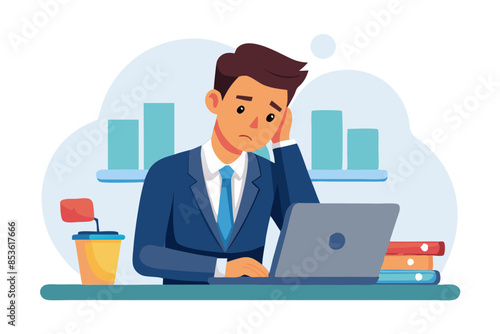 Worried young man businessman having problems with an account sitting in the office at the table typing away on his laptop and looking confusedly at the credit card he is holding in his hands modern