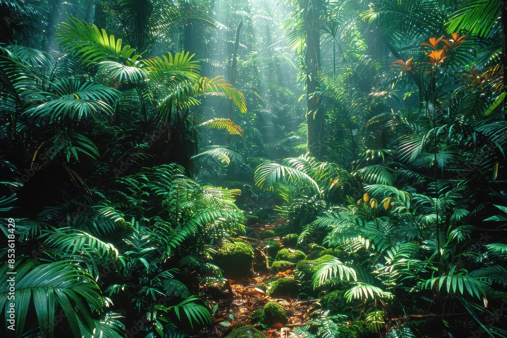 A dense rainforest with a diverse range of flora and fauna, showing the richness of biodiverse habitats. A dense rainforest with a diverse range of flora and fauna, showing the richness of biodiverse habitats.