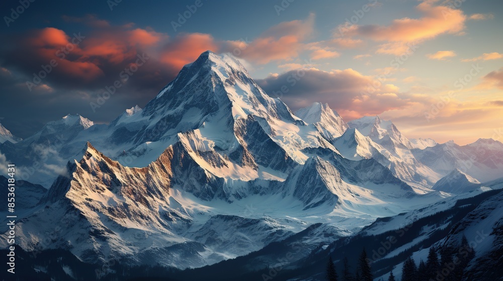 Mountain landscape with snow-capped peaks and clouds at sunset Mountain landscape with snow-capped peaks and clouds at sunset