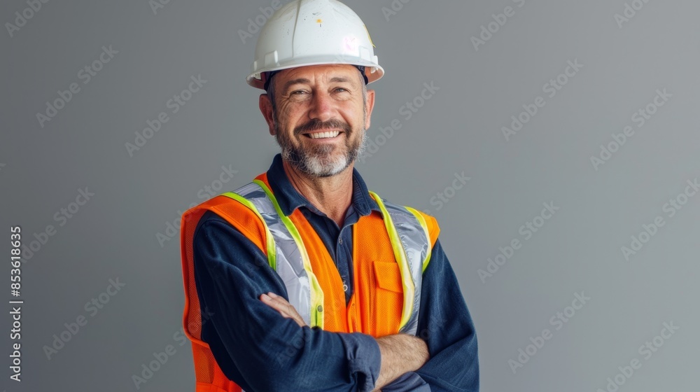 The construction worker smiling confidently The construction worker smiling confidently