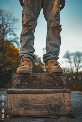 A person standing on top of a cement block, likely as part of a construction or building project