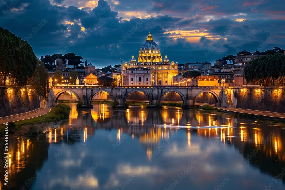 Fototapeta premium Vatican City Night Panorama: St. Peter's Basilica Reflection