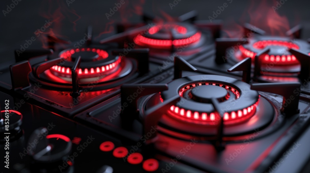 A close-up shot of a gas stove with red lights on