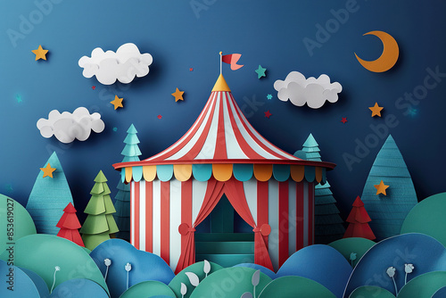 Circus tent against the night sky with stars and moon in paper cut style. Generated by artificial intelligence