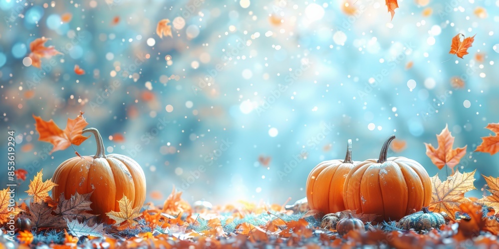 Bright and cheerful autumn scene with pumpkins and berries against a blue background, capturing the lively spirit of the season. Bright and cheerful autumn scene with pumpkins and berries against a blue background, capturing the lively spirit of the season.