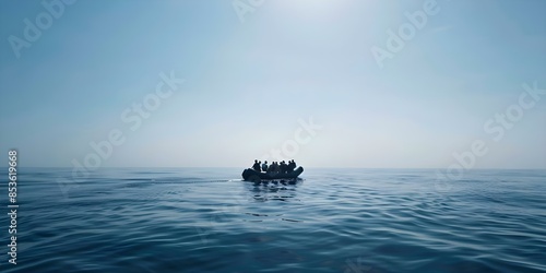 African migrants seeking refuge on a rubber boat in the sea. Concept Refugee Crisis, African migrants, Humanitarian Assistance, International Migration, Human Rights photo