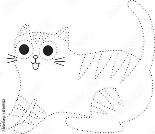cute cat trace line for kids. Coloring page with cute cartoon cat.
