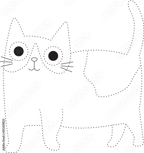 cute cat trace line for kids. Coloring page with cute cartoon cat.