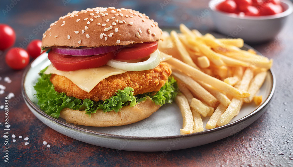 Tasty chicken burger and French fries. Fast food meal. Delicious food. Cooking and culinary concept. Tasty chicken burger and French fries. Fast food meal. Delicious food. Cooking and culinary concept.
