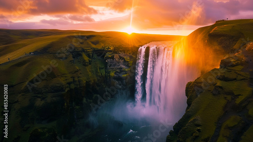 Wallpaper Mural  A breathtaking sunset casting warm hues over a cascading waterfall, silhouetting the rugged cliffs and surrounding forest. Torontodigital.ca