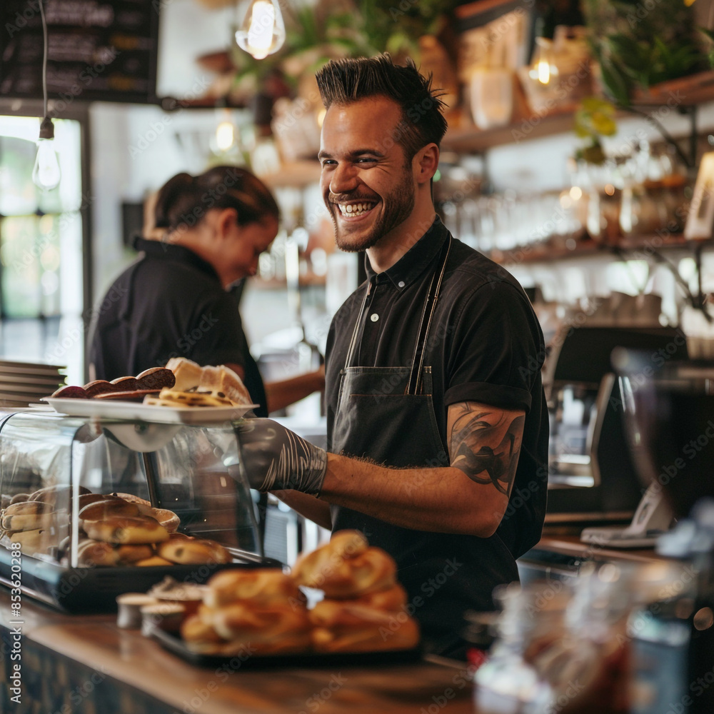 A man with a tattoo on his arm stands behind a counter full of bread and bread. A man with a tattoo on his arm stands behind a counter full of bread and bread.