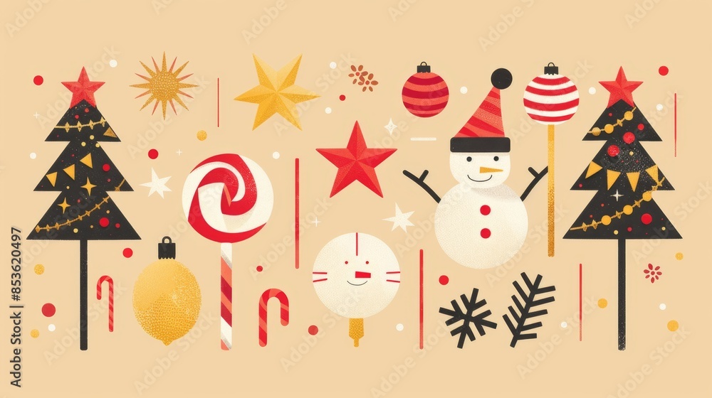 Fototapeta premium Festive Holiday Illustration With Snowman and Christmas Trees