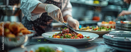 A chef preparing a meal in a busy kitchen, their hands moving with precision and their passion for food evident.