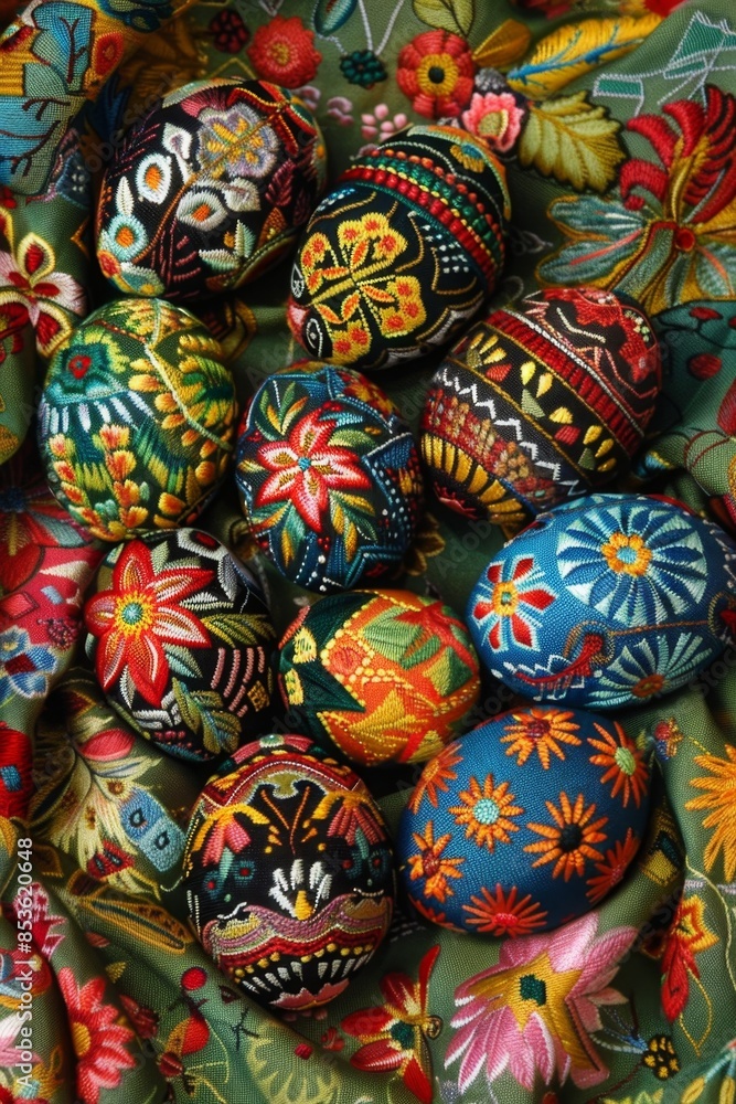 Colorful Hand-Painted Easter Eggs Display with Ethnic Patterns Colorful Hand-Painted Easter Eggs Display with Ethnic Patterns