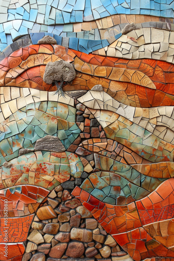 Obraz premium A mosaic of broken pottery pieces forming a cohesive landscape scene