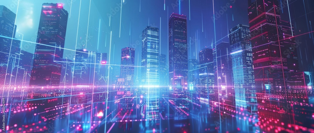 Obraz premium Explore a mesmerizing vision of the future with this holographic cityscape, where digital business hubs thrive in a vibrant