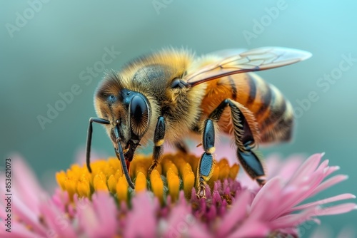 A detailed shot of a bee pollinating a flower, highlighting the importance of pollinators in ecosystems. 