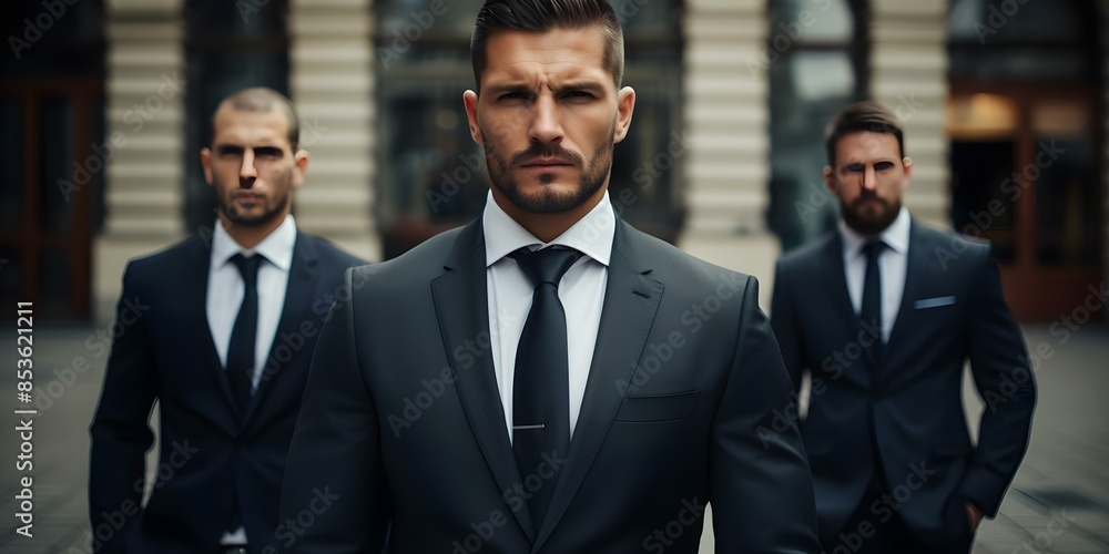 Professional Bodyguards in Business Attire Ensuring Serious Protection. Concept Corporate Security, Executive Protection, Professional Bodyguards, Business Attire, Serious Protection Professional Bodyguards in Business Attire Ensuring Serious Protection. Concept Corporate Security, Executive Protection, Professional Bodyguards, Business Attire, Serious Protection