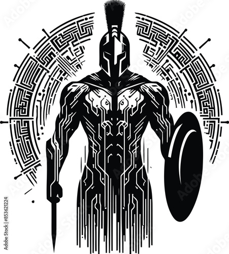 sparta silhouete with cyberpunk pattern illustration