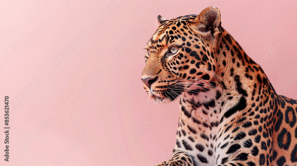 A leopard is laying down on a pink background A leopard is laying down on a pink background