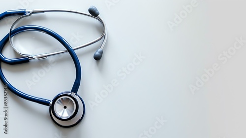 A blue stethoscope rests on a solid white background.
