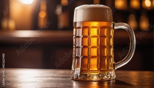 A perfect pint of beer, its frothy top and golden hue illuminated by the soft glow of a pub's lighting, promising a satisfying and refreshing drink