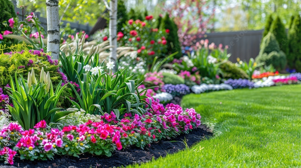 beautiful spring garden with flowers and lawn grass beautiful spring garden with flowers and lawn grass