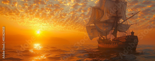 An ancient ship against the backdrop of the setting sun.