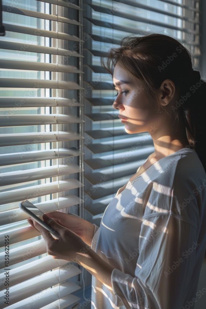 A woman is looking out the window while holding a cell phone, possibly waiting for someone or checking something A woman is looking out the window while holding a cell phone, possibly waiting for someone or checking something