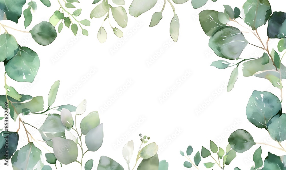 Obraz premium Herbal Eucalyptus Border: Isolated Background, Minimalist Watercolor Wedding Invitation Frame