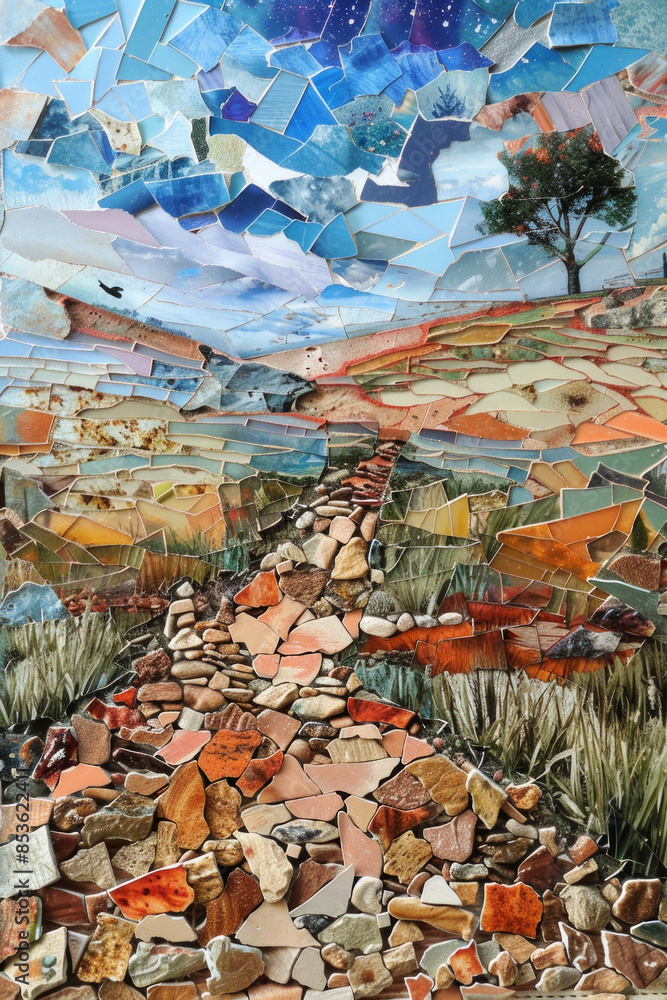 Obraz premium A mosaic of broken pottery pieces forming a cohesive landscape scene