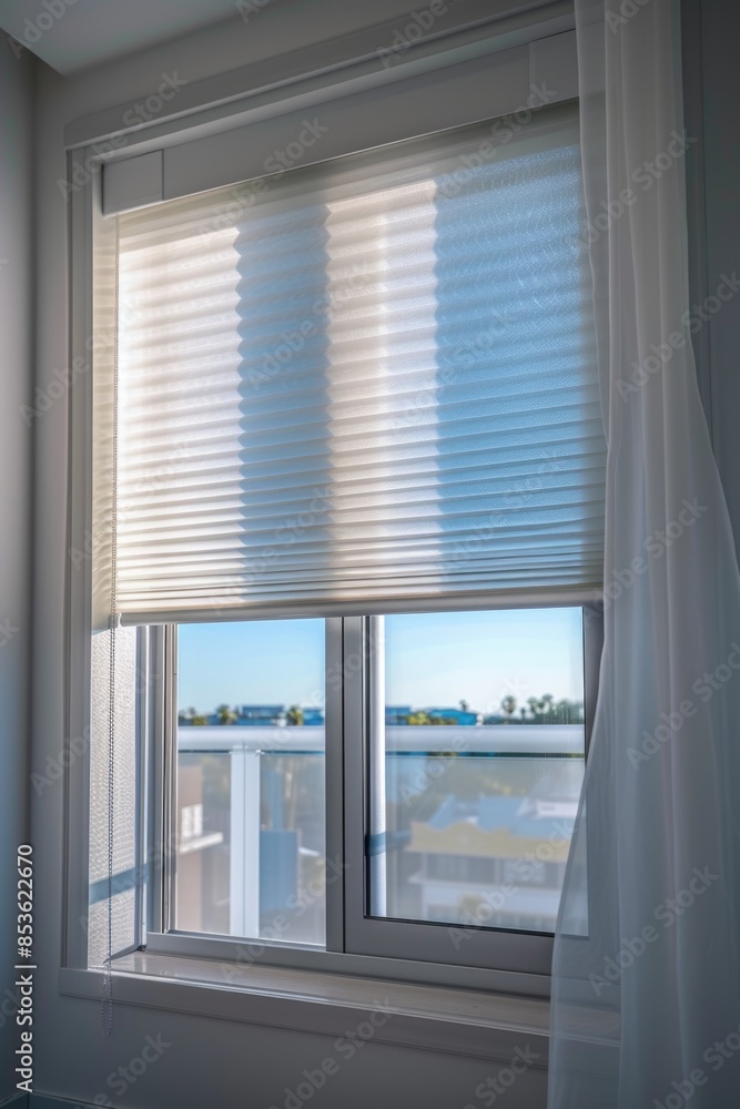A window with a white curtain offers a view of a calm body of water A window with a white curtain offers a view of a calm body of water