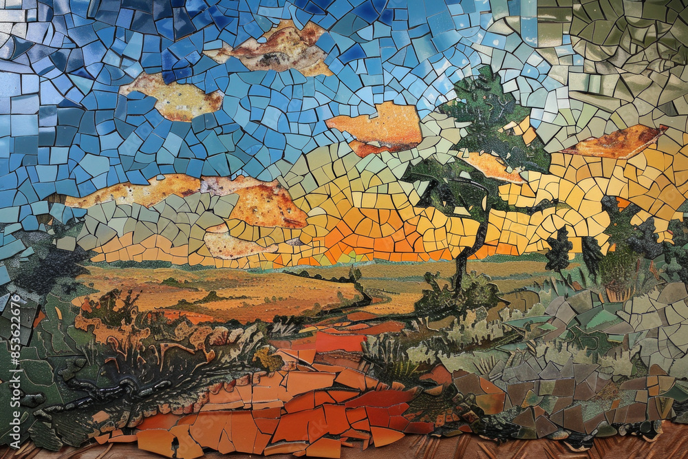 Naklejka premium A mosaic of broken pottery pieces forming a cohesive landscape scene