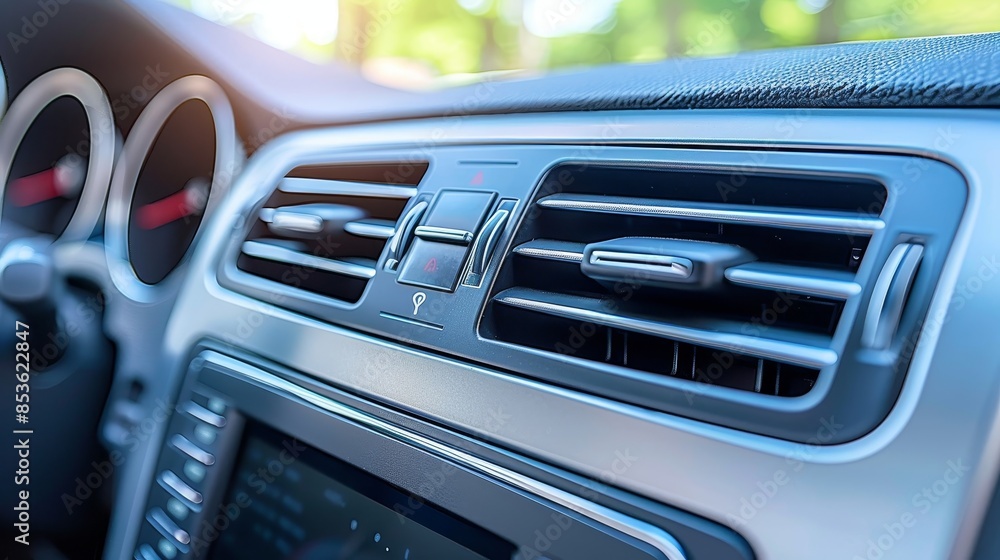 Sunlit close up detailed design of polished metal dashboard trim reflecting light Sunlit close up detailed design of polished metal dashboard trim reflecting light