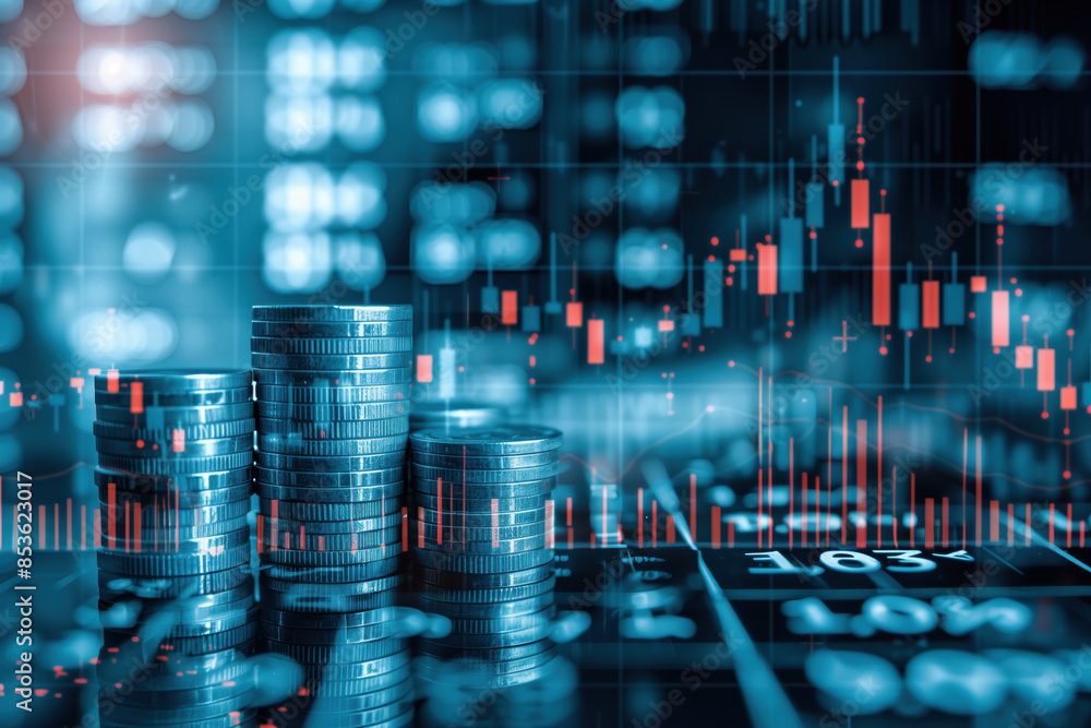 Fototapeta premium Close up stack of coins with trade graph stock market.