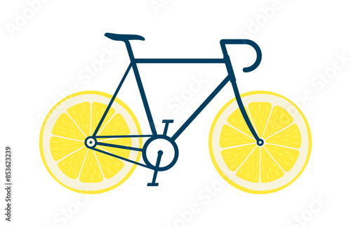 Vector blue image of road bike with lemons instead of rounds. Isolated on white background.