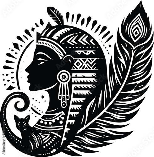 sphinx in silhouete with bohemian nature pattern illustration