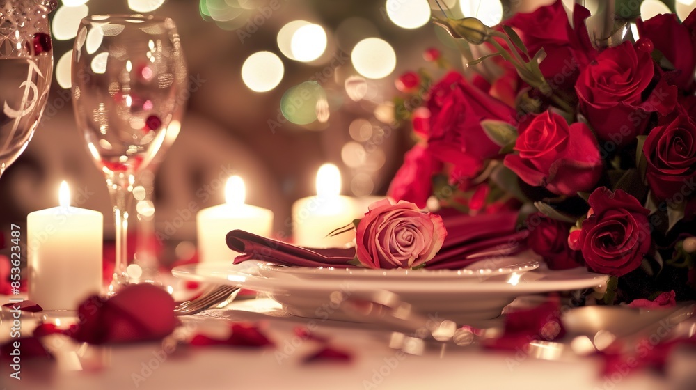 Romantic Candlelit Dinner Setting with Red Roses and Elegant Tableware, Creating a Warm and Inviting Ambiance in a Luxurious Restaurant. 4k wallpaper, Valentine's Day, marriage proposal, couples. Romantic Candlelit Dinner Setting with Red Roses and Elegant Tableware, Creating a Warm and Inviting Ambiance in a Luxurious Restaurant. 4k wallpaper, Valentine's Day, marriage proposal, couples.