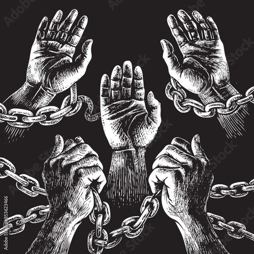 Diverse Hands Breaking Free from Chains, Symbolizing Freedom and Unity