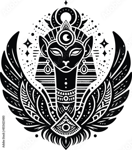 sphinx in silhouete with bohemian nature pattern illustration