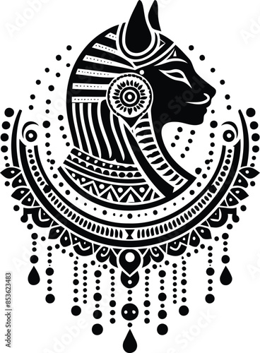sphinx in silhouete with bohemian nature pattern illustration