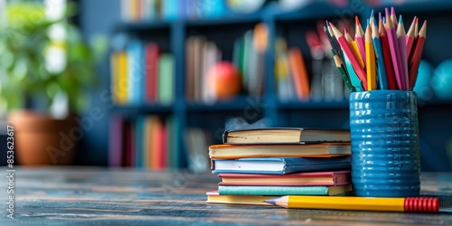 A stack of books and a cup filled with colorful pencils on a wooden desk, set against a blurred bookshelf background, evoking a cozy study atmosphere.