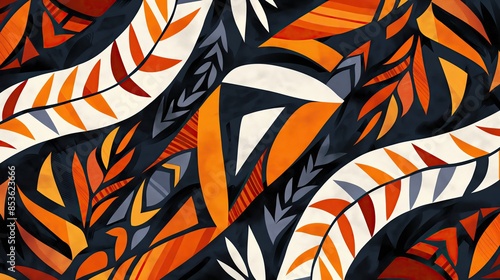 Abstract wavy Hawaiian tribal pattern in orange, white, and black, with geometric shapes and leaf motifs inspired by African textile designs.. photo