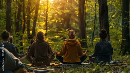 Small group of friends doing yoga and meditation in the woods. They are sitting on yoga mats and have their eyes closed.