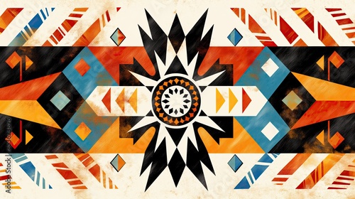 Colorful ethnic Native American design with geometric shapes and dynamic patterns in bright, contrasting colors. photo